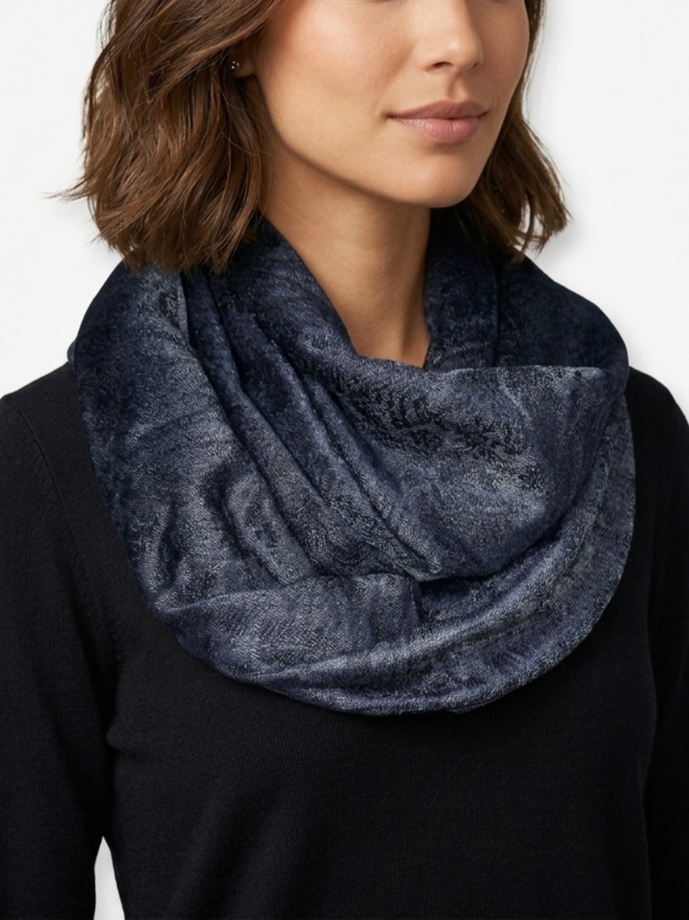 Pashmina And Silk Blend Blue Patterned Fringed End Scarf